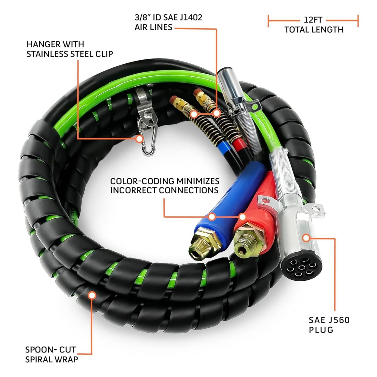 3-in-1 Semi Truck Air Line Kit | Air Hoses & 7-Way ABS Power Cable