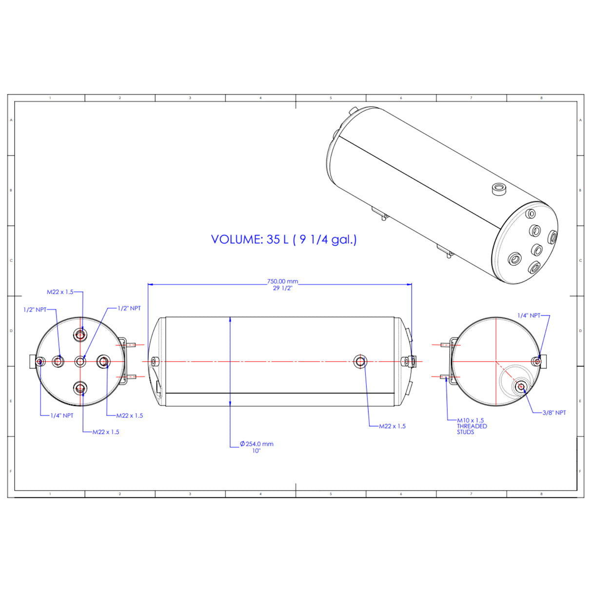 9-1/4 Gallon Air Brake Reservoir Tank for 2001-2018 Volvo VNL & VNM | Replacement 20946637