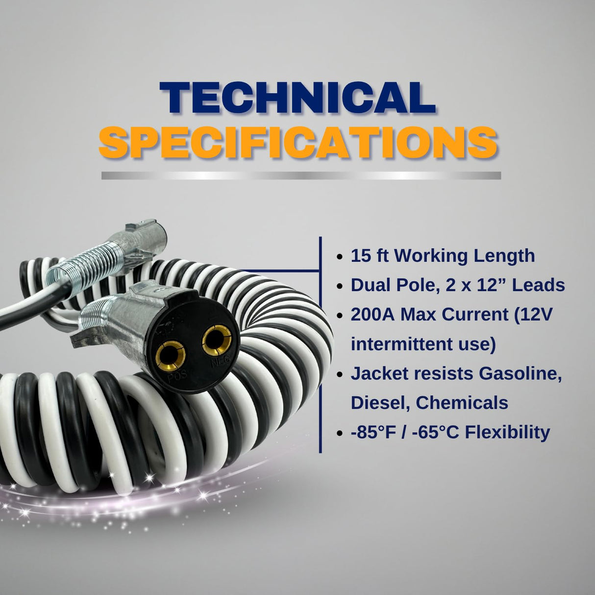 15’ Coiled Dual Pole Liftgate Electric Cable with Two Dual Pole Buffalo Plugs | 4 Gauge | 200 Amp