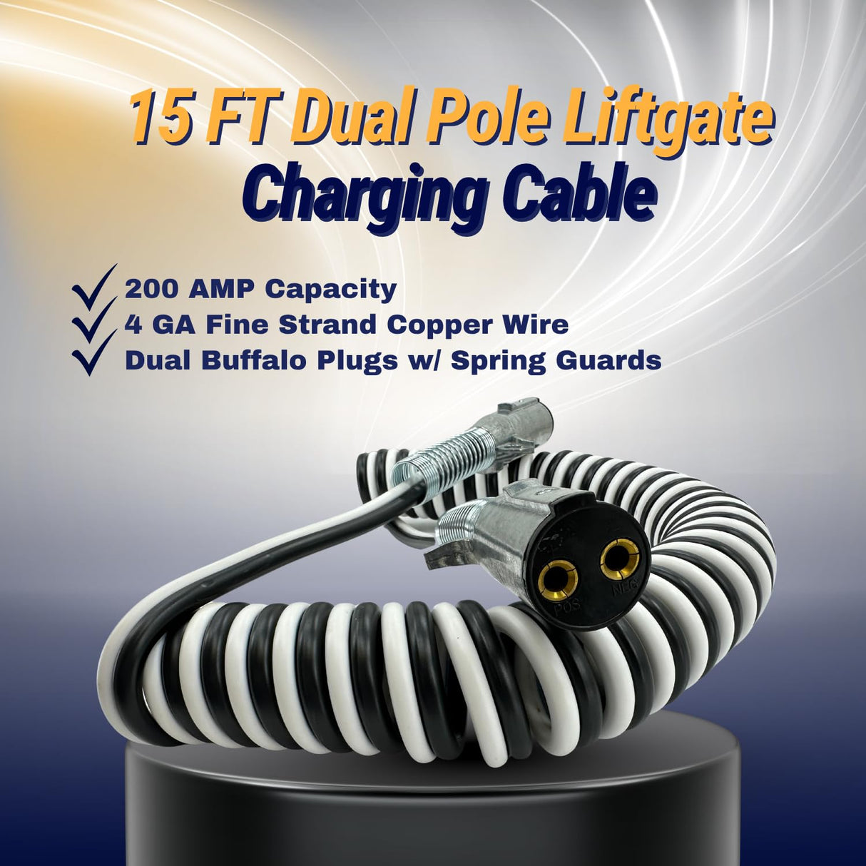15’ Coiled Dual Pole Liftgate Electric Cable with Two Dual Pole Buffalo Plugs | 4 Gauge | 200 Amp