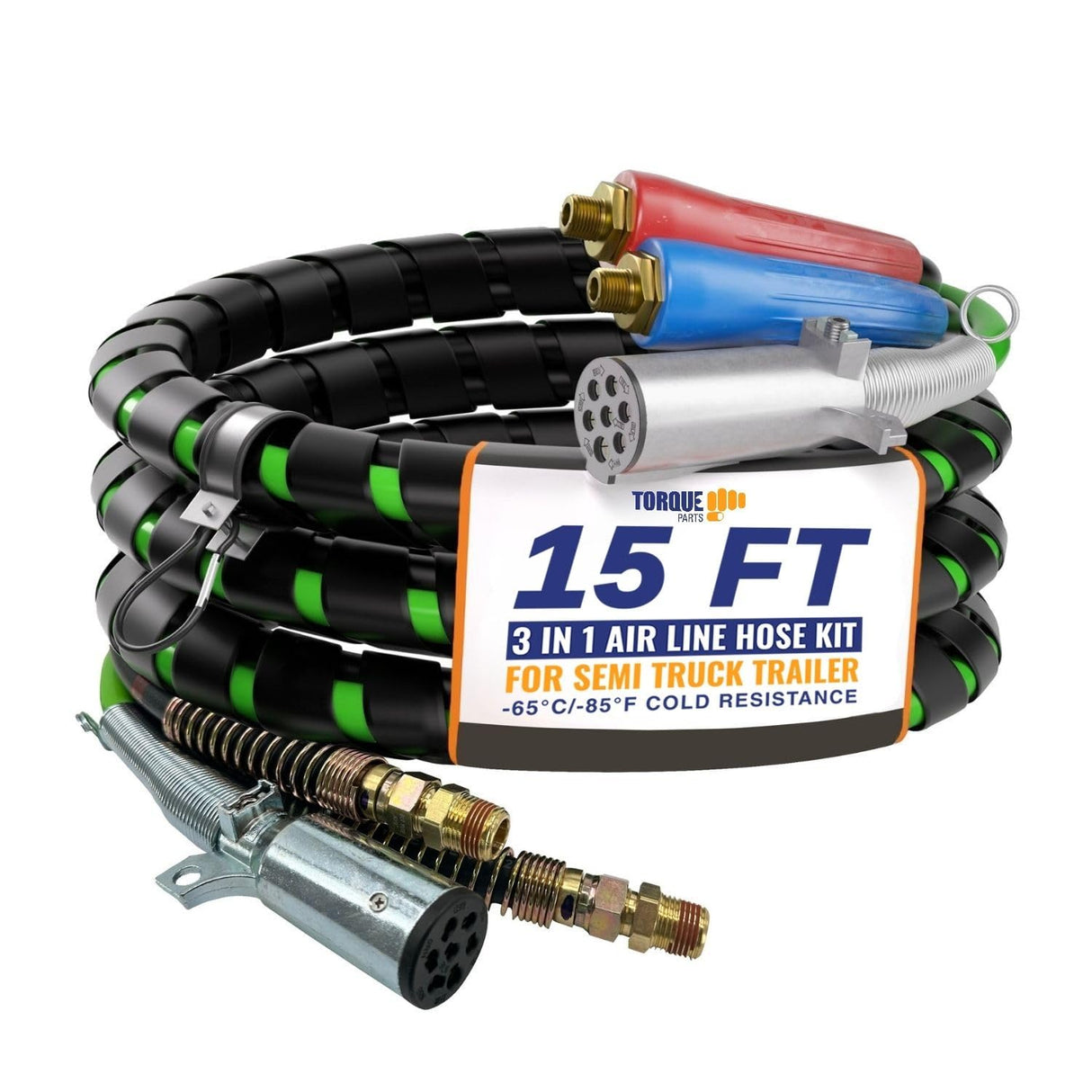 15ft 3-in-1 Tractor Trailer Air Hose & 7-Way ABS Power Line Kit with Gladhands | Replacement Philips 30-2151