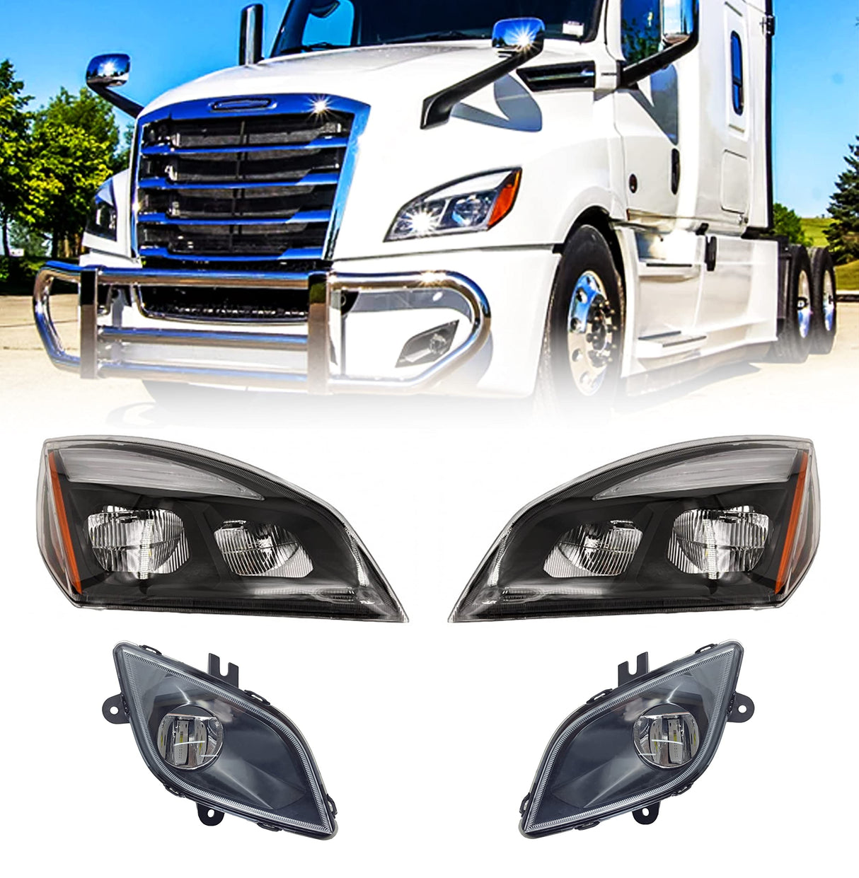 LED Headlight and Fog Light Set for 2018-2024 Freightliner Cascadia Semi Trucks | Black Housing