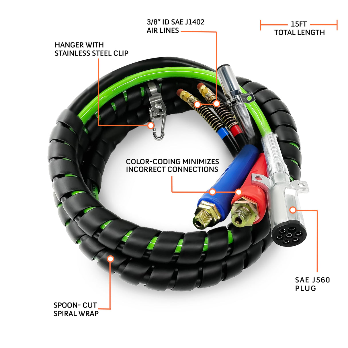 15ft 3-in-1 Tractor Trailer Air Hose & 7-Way ABS Power Line Kit with Gladhands | Replacement Philips 30-2151