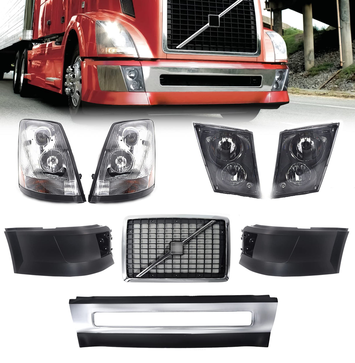 Front End Set for 2004-2015 Volvo VNL Semi Truck (Headlights, Fog Lights, Chrome Grille, Bumpers)