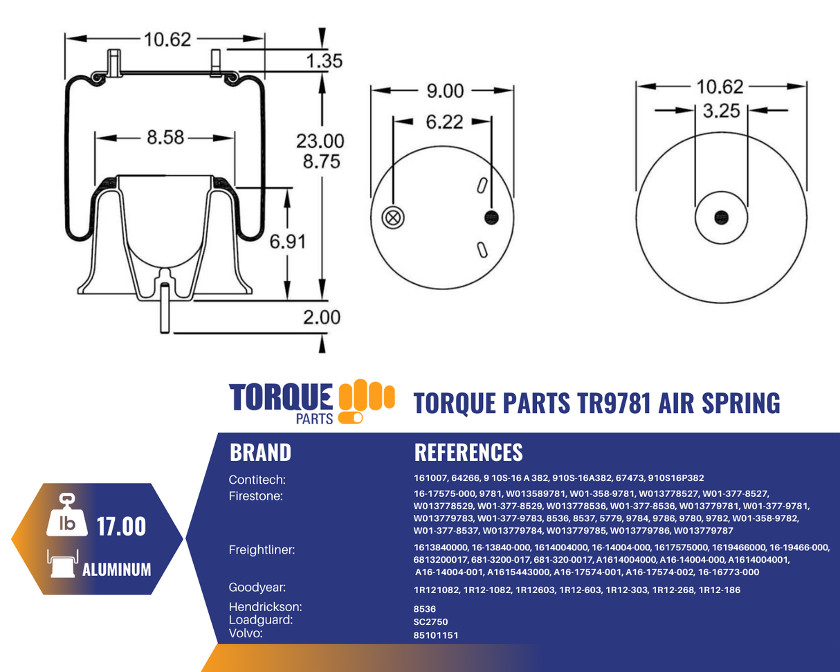 Air Spring Bag for Freightliner Trucks (Replaces Firestone W01-358-9781, Freightliner 681-320-0017) Aftermarketus Reversible Sleeve Air Springs