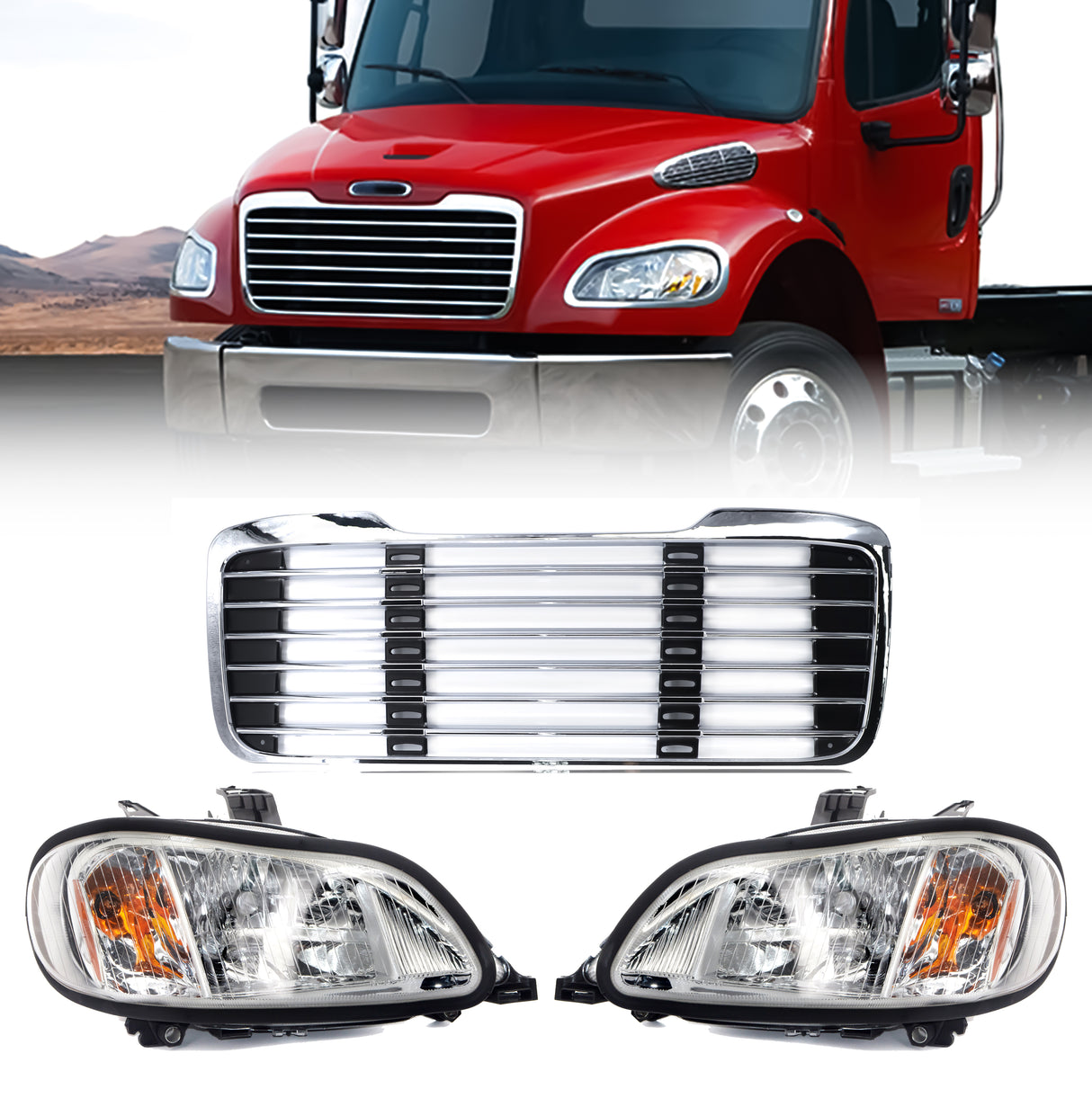 Headlight Set with Chrome Grille for 2002-2018 Freightliner M2 | Replacement Freightliner A06-51039-002 A06-51039-000 Aftermarketus Headlights