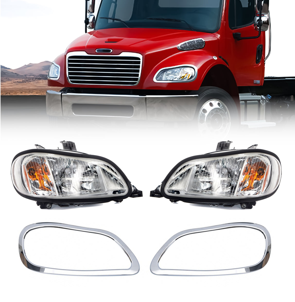 Headlight with Chrome Bezel for 2002-2018 Freightliner M2 Semi Trucks | Including Bulbs | Pair Aftermarketus Headlights