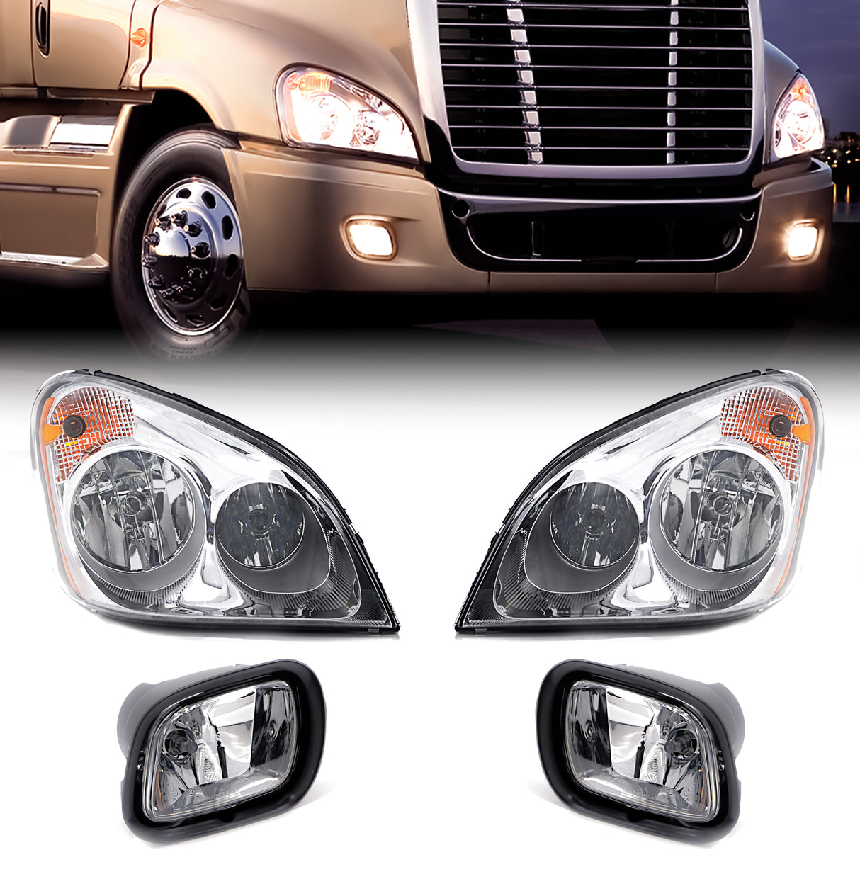 Headlight and Fog Light Set for 2008-2018 Freightliner Cascadia Semi Trucks | Halogen | Chrome Housing Aftermarketus Headlights