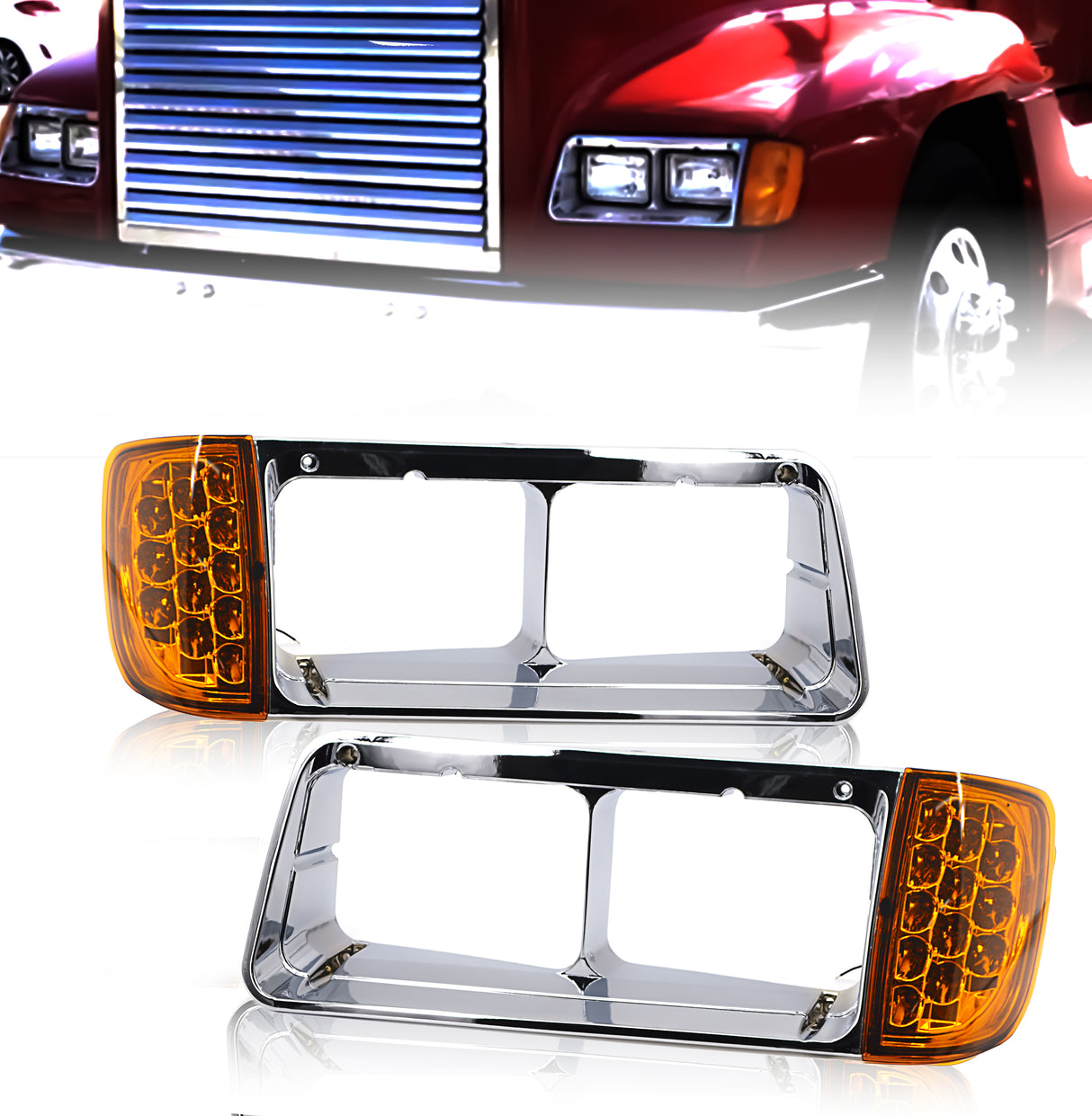 Headlight Bezel with LED Turn Signal for 1989-2002 Freightliner FLD | Replacement Freightliner A06-20738-000 A06-20738-001 | Pair Aftermarketus Headlights