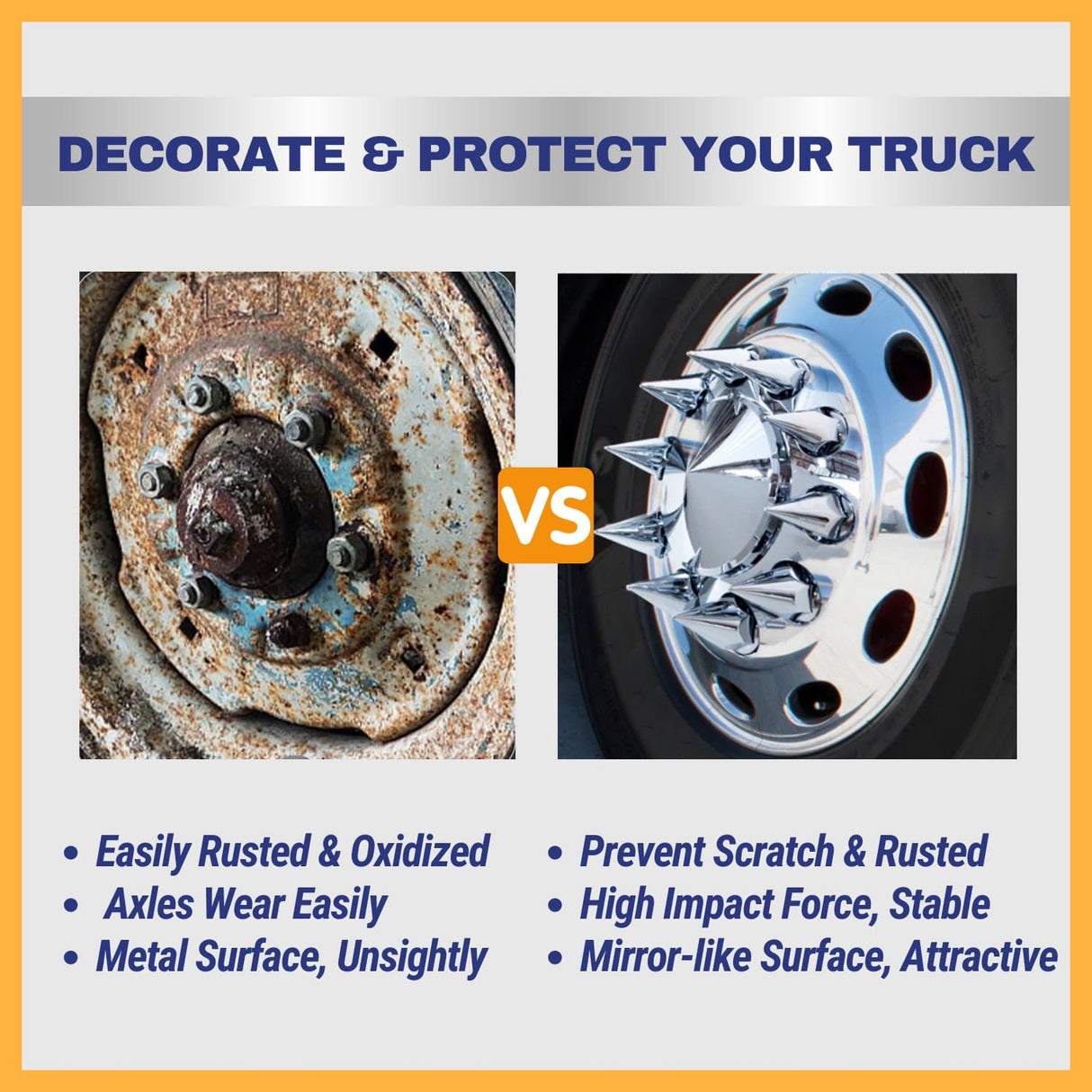 Front Axle Wheel Cover Hubcap with 33mm Screw-on Spike for Semi Truck - Chrome - Universal Fit Aftermarketus Lug Nut & Wheel Axle Covers