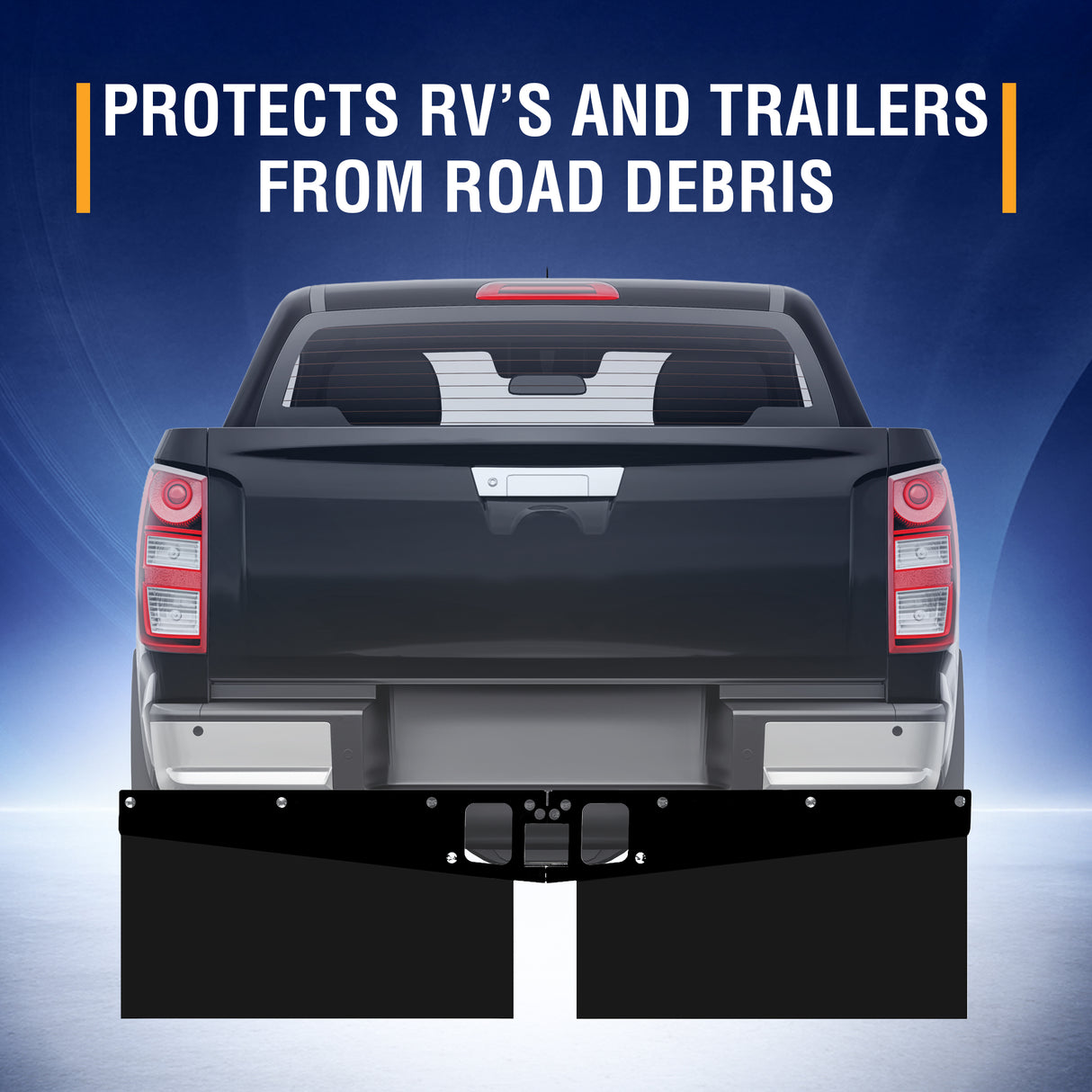 Universal Hitch Mounted Mud Flaps for Trucks, RVs & Trailers - No Drilling - Size 15"