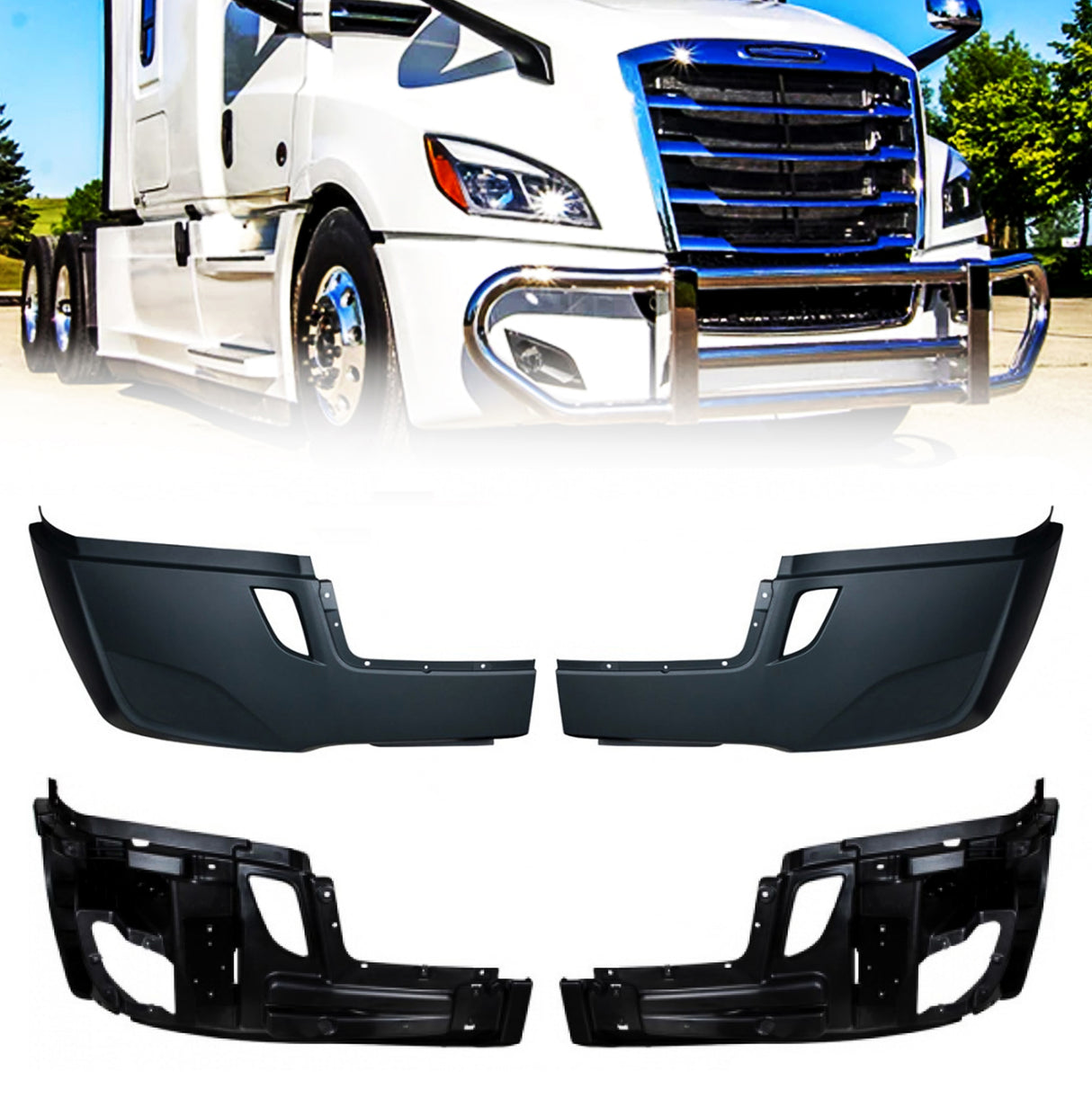 Complete Bumper Set (with Fog Light Hole) including Reinforcements for 2018-2024 Freightliner Cascadia Trucks Aftermarketus Bumpers