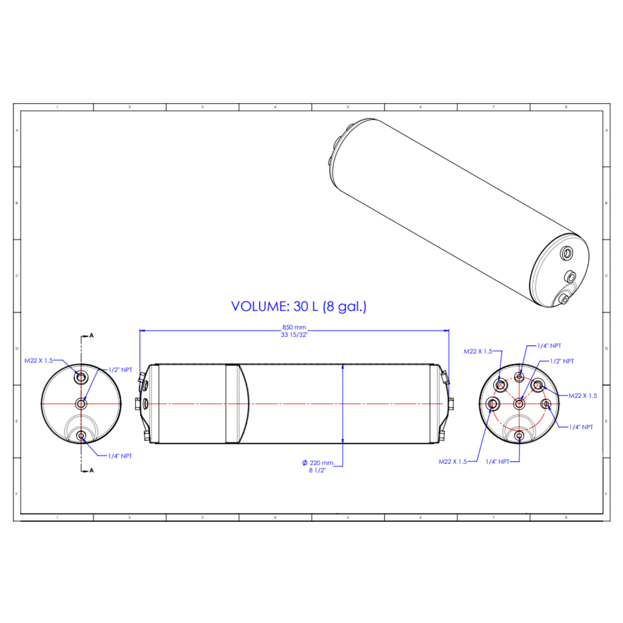8 Gallon Capacity Air Tank for 2002-2010 International, 10 Port