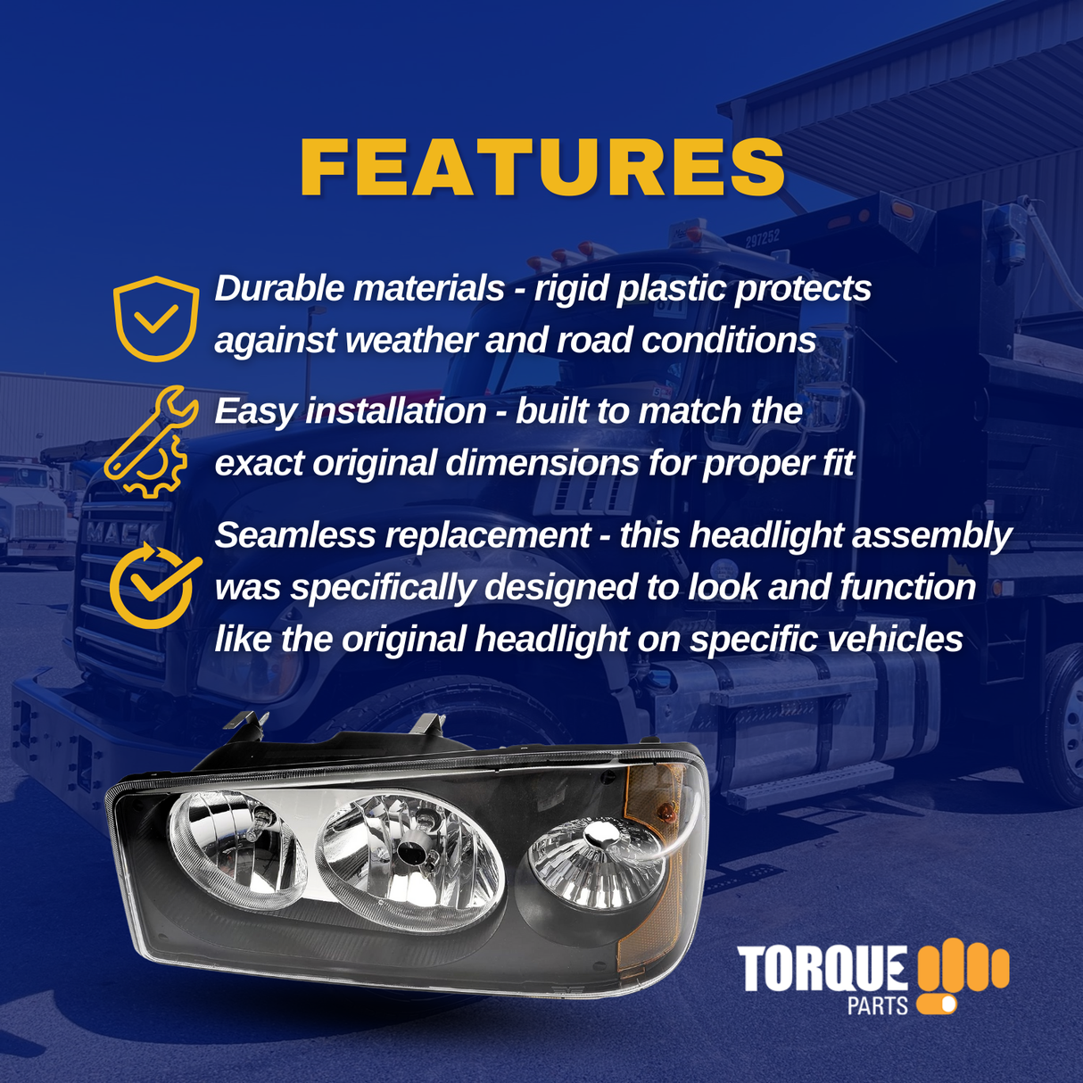 Halogen Headlight for 2008-2018 Mack Granite GU4 GU5 GU7 | Left