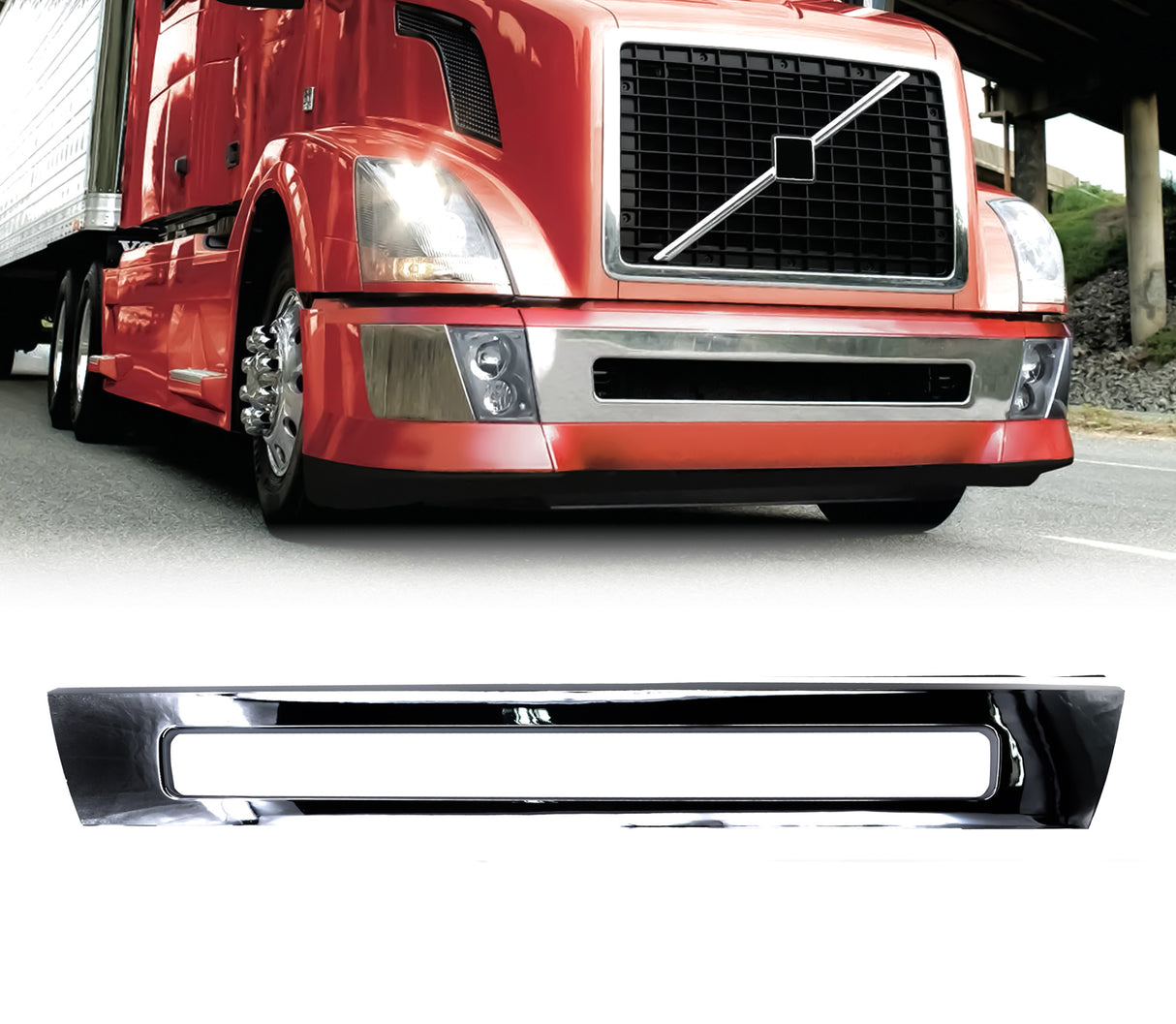 Front Center Bumper Trim Cover for 2004–2017 Volvo VNL | Replacement Volvo 20470454 | Chrome Aftermarketus Bumpers