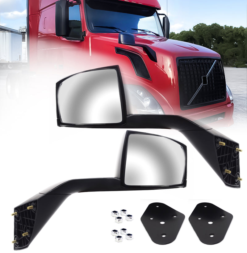 04 - 17 Volvo VNL Hood Black Mirror Pair Set w Mounting Kit - AFTERMARKETUS Torque Mirrors and Covers