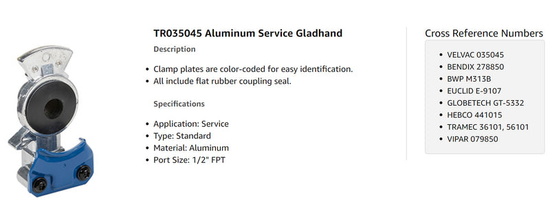 Blue Service Gladhand Replaces Velvac 035045, Bendix 278850 - AFTERMARKETUS Torque Gladhands