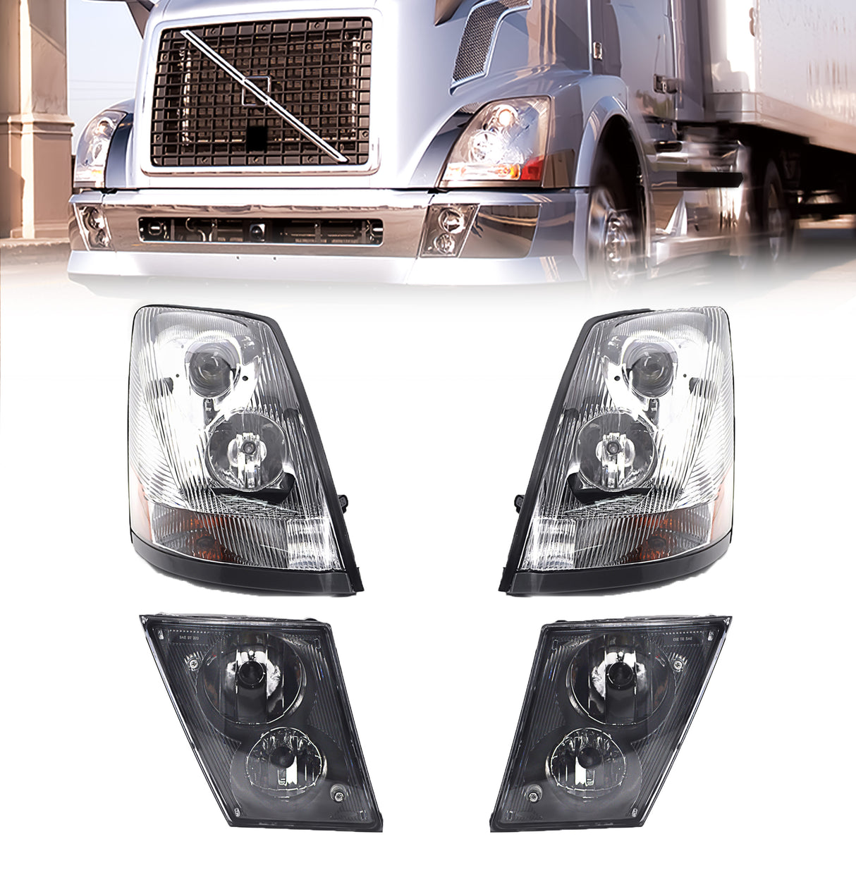 Headlight and Fog Light Set for 2004-2017 Volvo VNL | Replacement 20359834 20359833 20414612 20414613 | Pair Aftermarketus Headlights