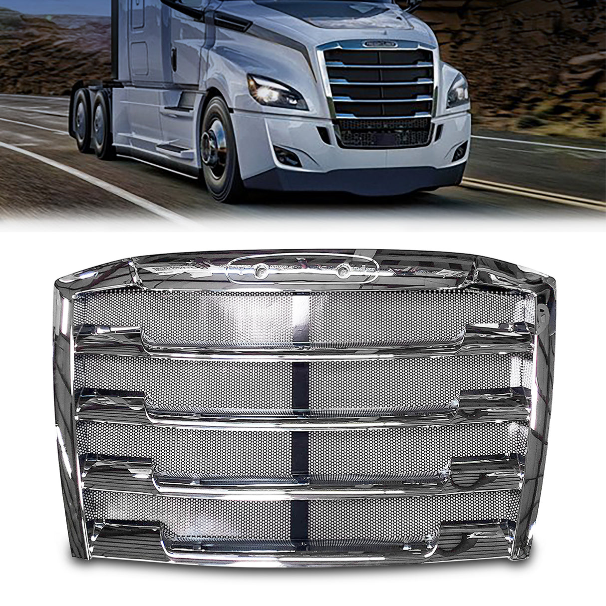 Grille for 2018-2024 Freightliner Cascadia | Replacement Freightliner A17-20832-013 | with Bug Screen | Chrome Aftermarketus Grilles