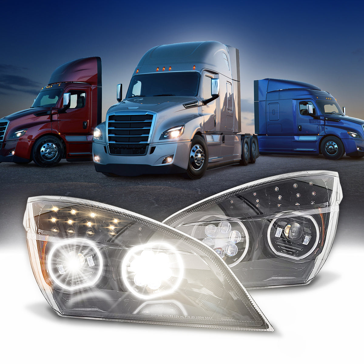 Full LED Driver Side Headlight For Freightliner Cascadia 2018-2025 – Black Housing, DOT/SAE – Replaces A6601405003