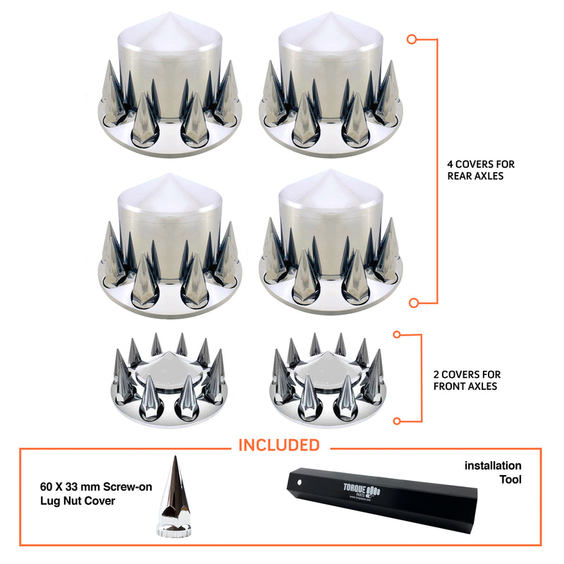 Chrome Front & Rear Axle Wheel Cover Spiked Lug Nut Covers - AFTERMARKETUS Torque Wheel Axle Covers