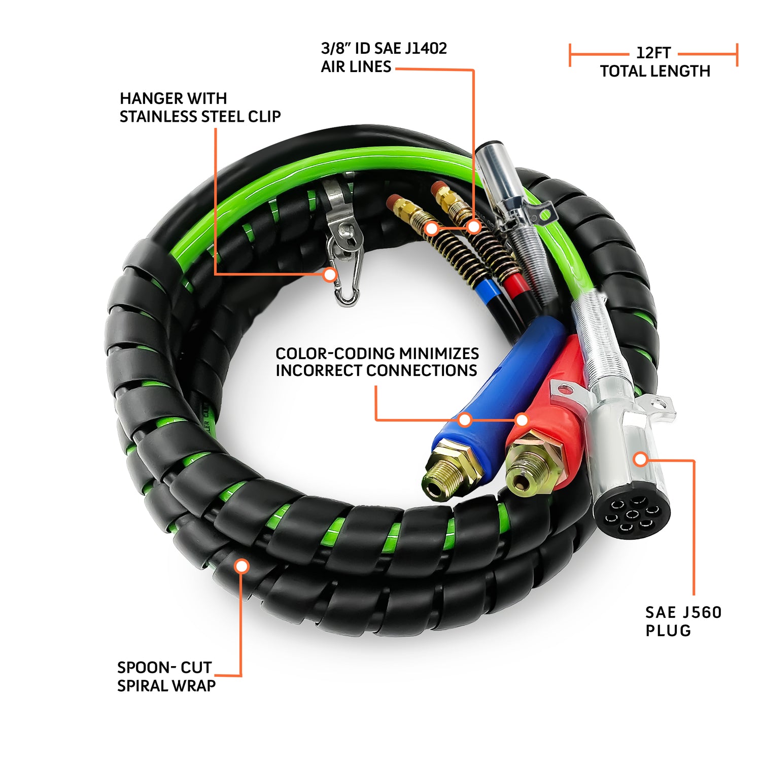 12ft 3-in-1 ABS & Air Power Line Hose Wrap for Semi Trucks - 7 Way Cable
