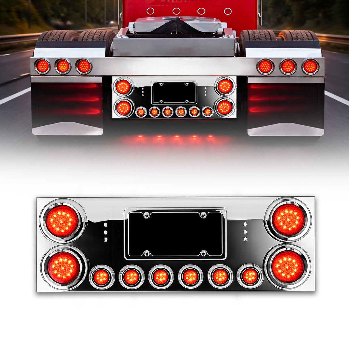Stainless Steel Rear Center Tail Light Panel with Lights for Semi Trucks & Trailers | Chrome Finish