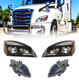 LED Headlight and Fog Light Set for 2018-2024 Freightliner Cascadia Semi Trucks | Black Housing