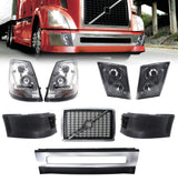 Front End Set for 2004-2015 Volvo VNL Semi Truck (Headlights, Fog Lights, Chrome Grille, Bumpers)