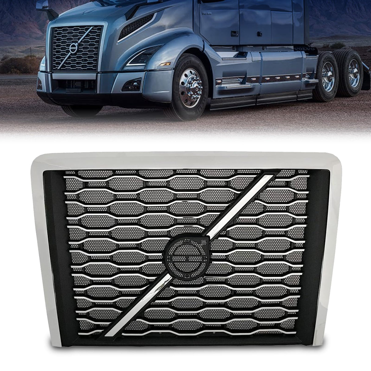 Grille for 2018-2024 Volvo VNL Trucks | Replacement Volvo 84724159 | with Bug Screen | Chrome