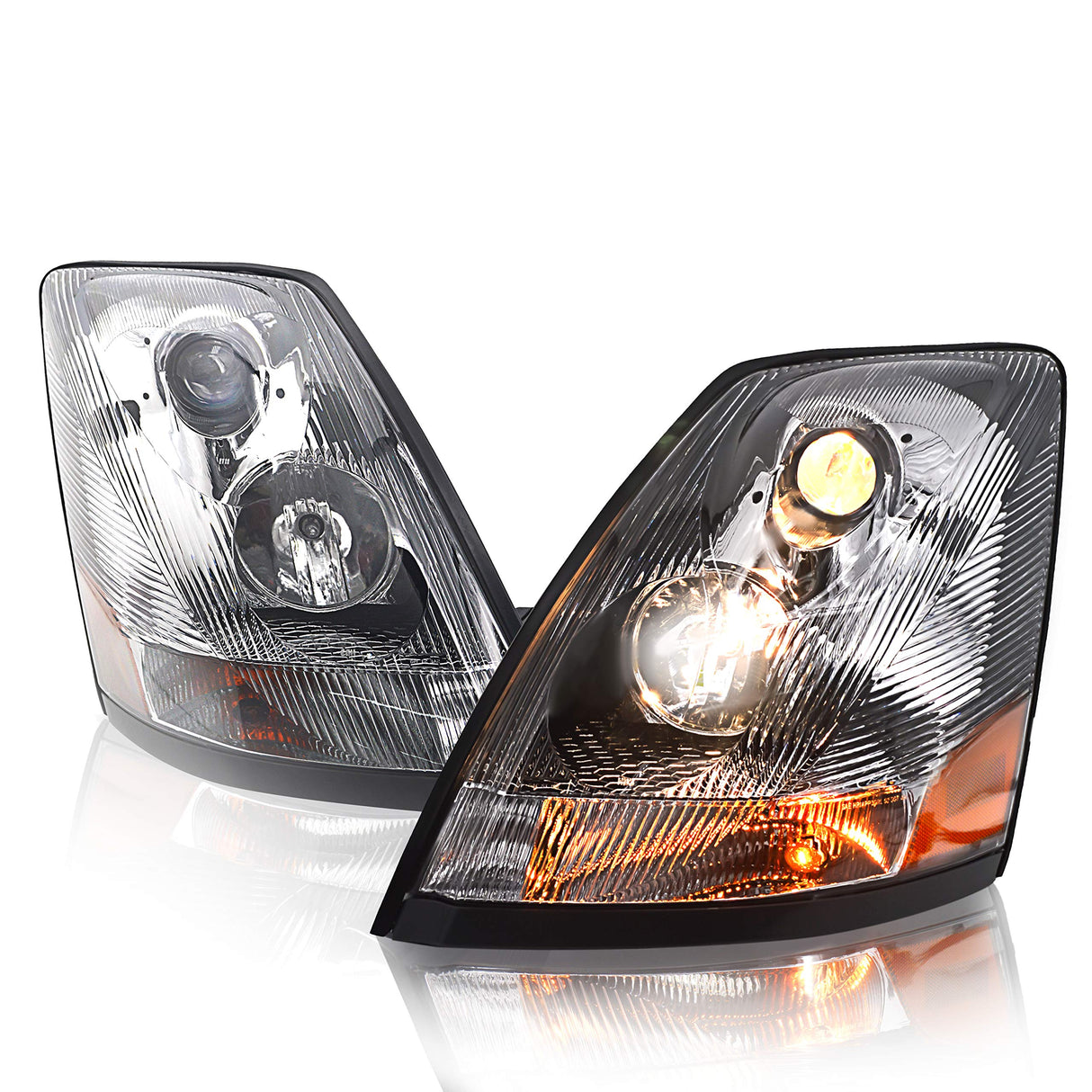 Front End Set for 2004-2015 Volvo VNL Semi Truck (Headlights, Fog Lights, Chrome Grille, Bumpers)