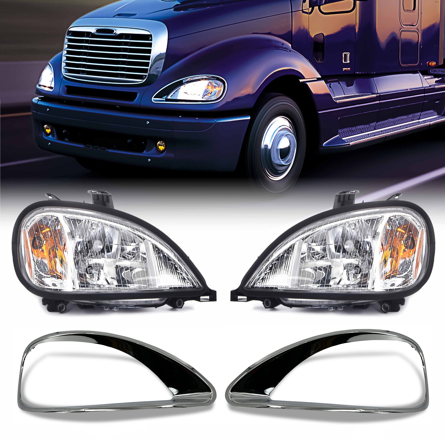 Headlight and Chrome Bezel for 2001-2017 Freightliner Columbia | Pair Aftermarketus Headlights
