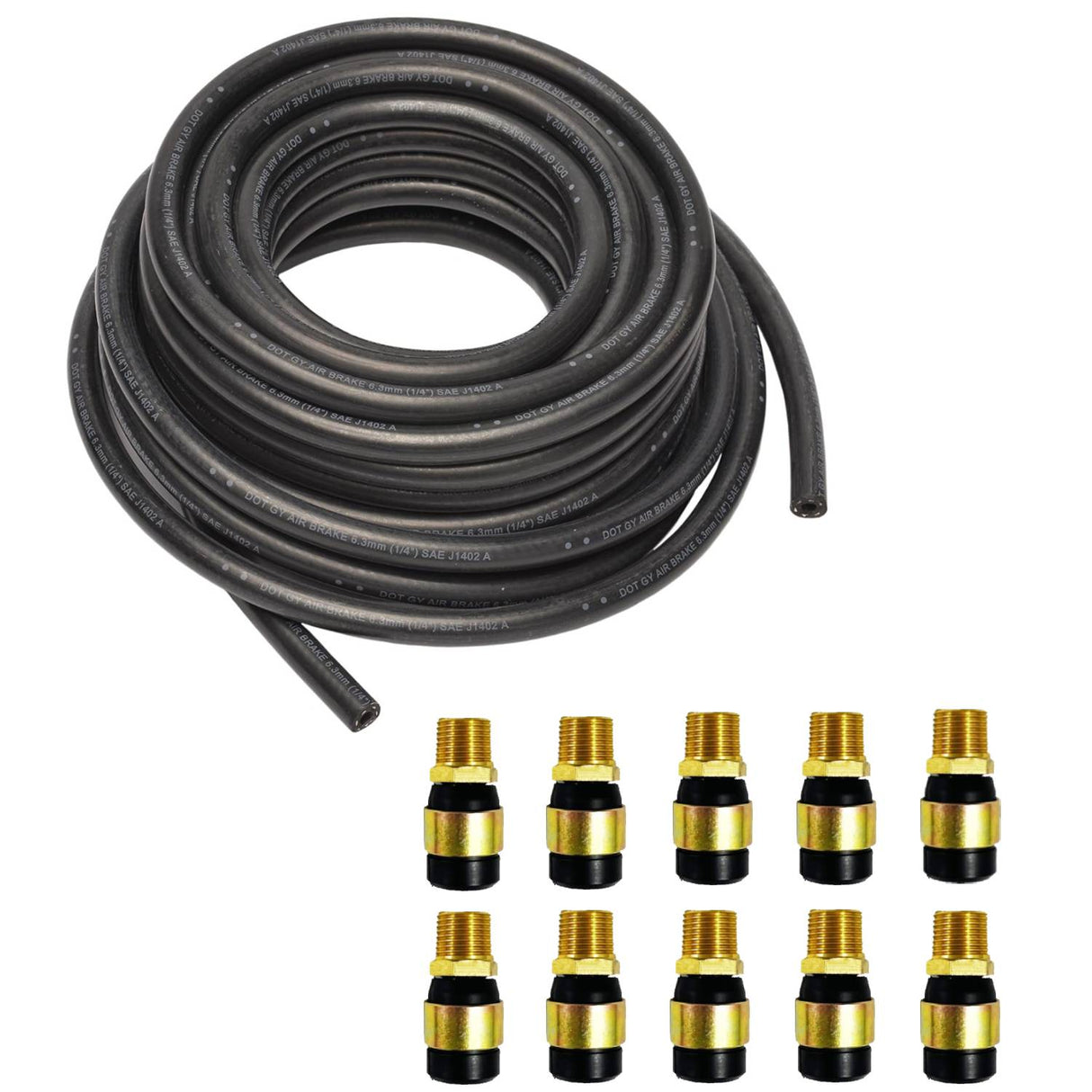 3/8" x 50-FT Rubber Air Brake Hose with 10 PCS 1/2" NPT Fittings