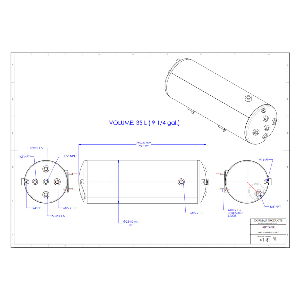 9-1/4 Gallon Capacity Air Tank for 2001-2018 Volvo VNL VNM