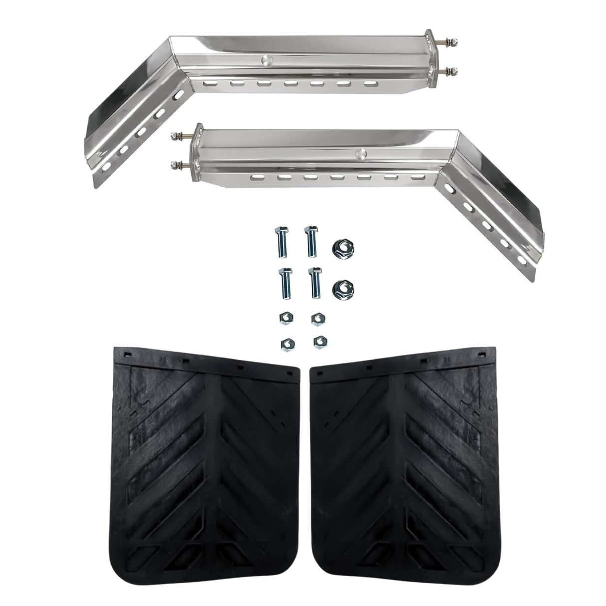 30" Chrome Spring Loaded Mud Flap Hanger with 24" x 24" Chevron Rubber Flaps - Set of 2