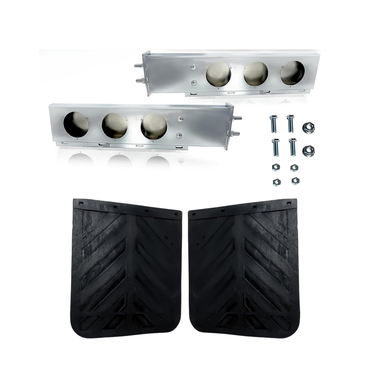 30" Chrome Mud Flap Hanger with 24" x 24" Chevron Rubber Flaps - Set of 2