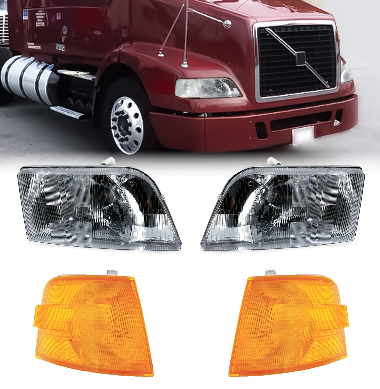 Headlight with Turn Signal Set for 1996-2017 Volvo Semi Trucks | Replacement Volvo 8082040 8080852 8140049 Aftermarketus Headlights
