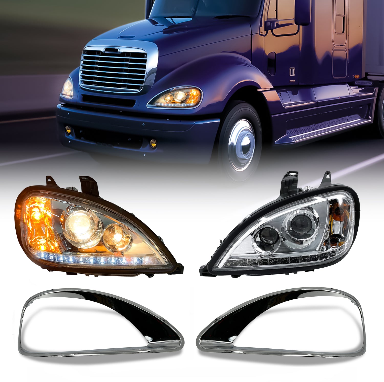 LED Headlight and Chrome Bezel Set for 2001-2017 Freightliner Columbia | Pair Aftermarketus Headlights