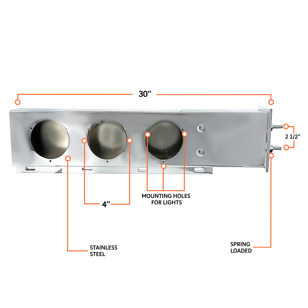 30" Stainless Steel Mud Flap Hanger w/ 6 of 4" Light Cutouts - AFTERMARKETUS Torque Mud Flap Hangers